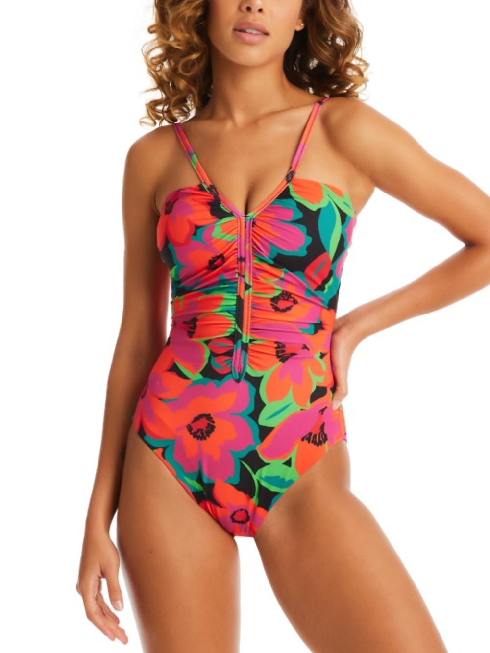 Sanctuary Savage Garden Floral Shirred One Piece Swimsuit Red Black Small
